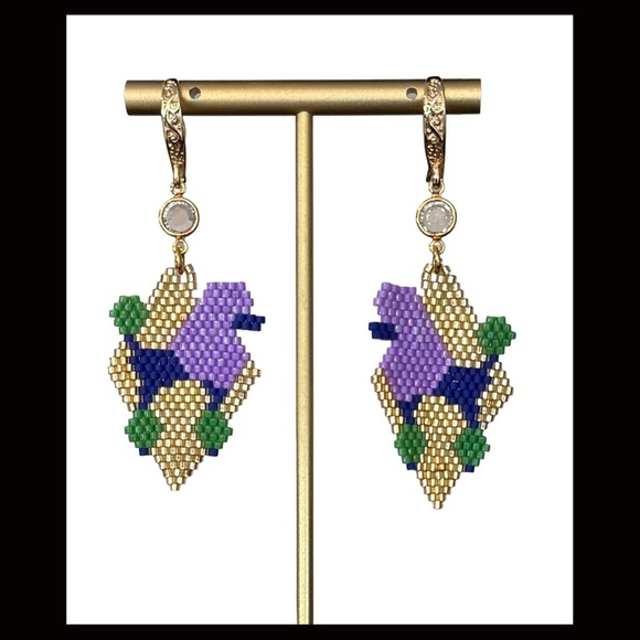 Hand Crafted Purple, Green, Blue and Gold Show Poodle Earrings - Picture 2 of 7